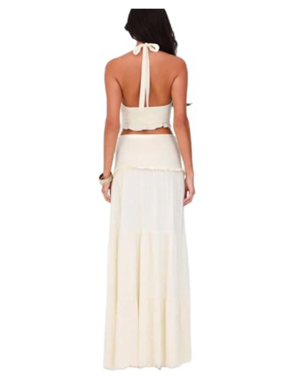 Women's 2 Piece Set Ruched Halter Top & Tiered Ruffle Maxi Skirt